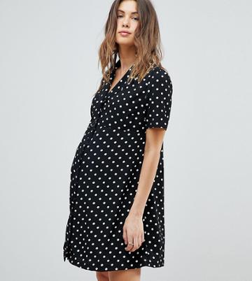 Glamorous Bloom Button Down Tea Dress In Polka Dot-black