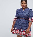 Yumi Plus Belted Dress With 3/4 Sleeves In Rose Border Print - Navy