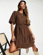 Violet Romance Puff Sleeve Tiered Mini Dress With Open Back In Chocolate Brown