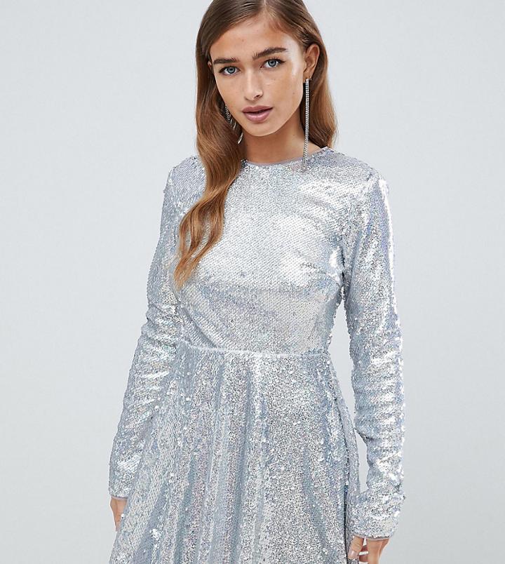 Tfnc Petite Long Sleeve Fit And Flare Sequin Mini Dress In Silver Irridescent - Silver