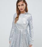 Tfnc Petite Long Sleeve Fit And Flare Sequin Mini Dress In Silver Irridescent - Silver