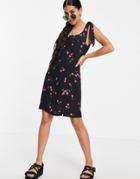 Nobody's Child Square Neck Mini Dress With Tie Shoulders In Cherry Floral-black