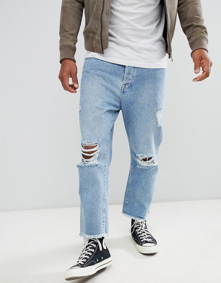 Brave Soul Loose Fit Cropped Ripped Jeans - Blue