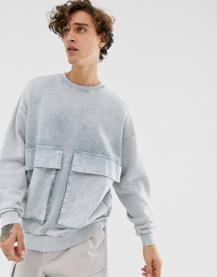 Asos Design Oversized Sweatshirt With Utility Pockets In Acid Wash Blue - Blue