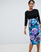Closet London 3/4 Sleeve Tulip Dress With Printed Skirt - Multi
