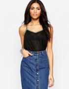 Brave Soul Linen Look Tank With Embroidered Tape Detail - Black