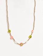 Asos Design Necklace With Flower And Happy Face Beads In Gold Tone