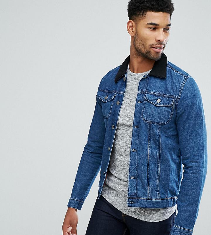 Another Influence Tall Denim Jacket With Faux Shearling Collar - Blue