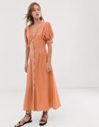 Asos Design Button Through Twist Front Maxi Tea Dress In Seersucker - Beige