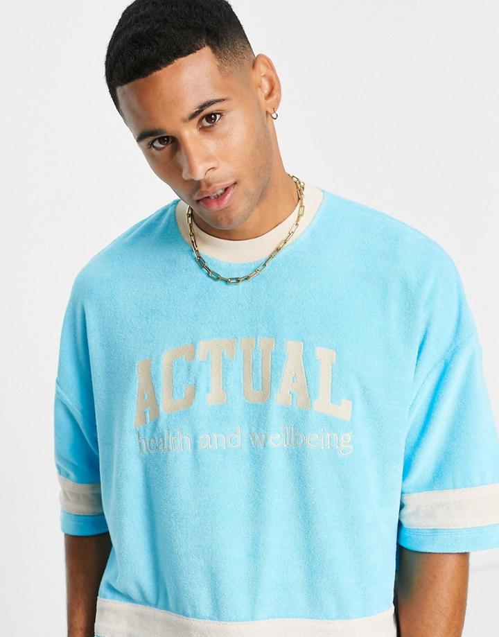 Asos Actual Oversized T-shirt With Cut And Sew Detailing And Logo Print In Blue - Part Of A Set