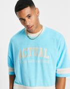 Asos Actual Oversized T-shirt With Cut And Sew Detailing And Logo Print In Blue - Part Of A Set