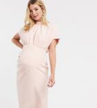 Asos Design Maternity High Neck Midi Dress With Ruched Skirt In Blush-pink