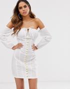 Club L London Off Shoulder Mini Dress With Milkmaid Neck And Metal Hook Detail In Ivory - White
