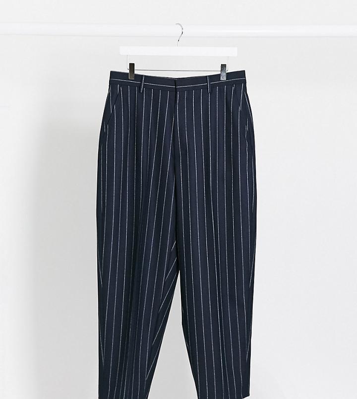 Reclaimed Vintage Inspired Wide Leg Smart Trousers In Navy Pinstripe