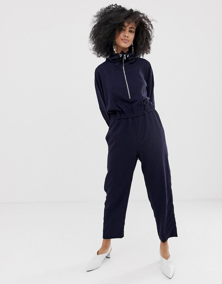 Asos White Funnel Neck Shell Suit Jumpsuit - Navy