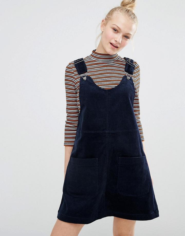 Monki Cord Pinny Dress - Navy