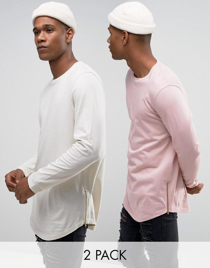 Asos Longline Long Sleeve T-shirt With Curve Hem And Zip 2 Pack - Mult
