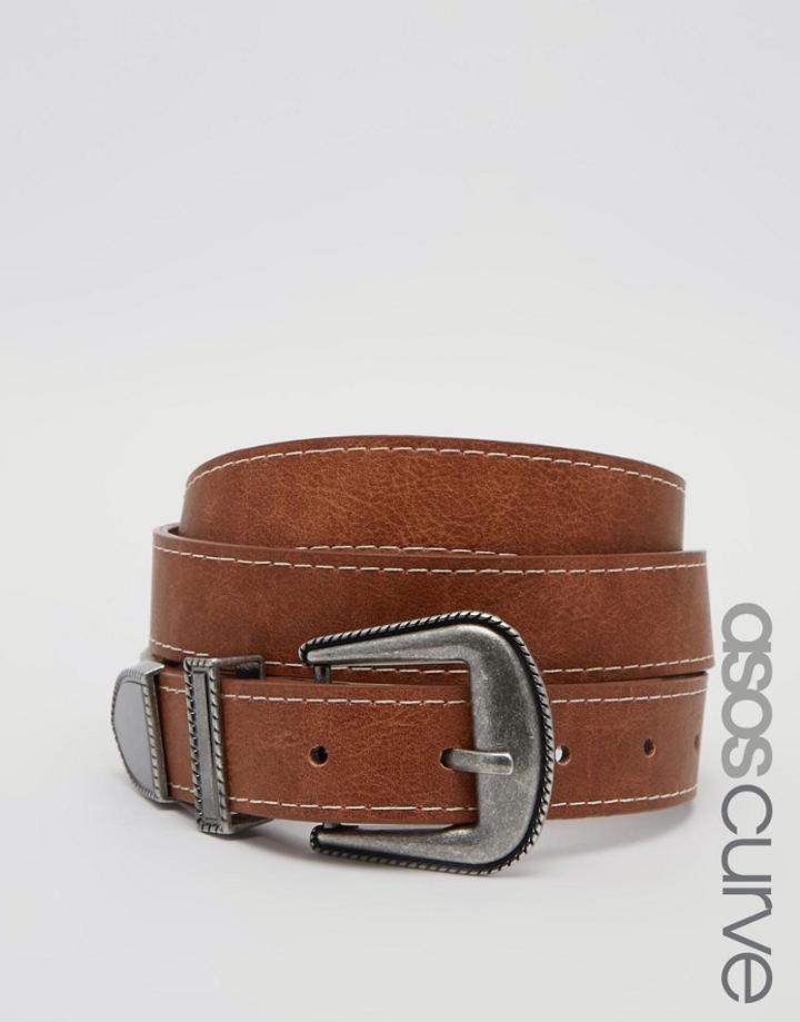 Asos Curve Studded Jeans Belt With Top Stitching - Tan