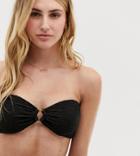 Warehouse Crinkle Bikini Top With Ring Detail In Black - Black