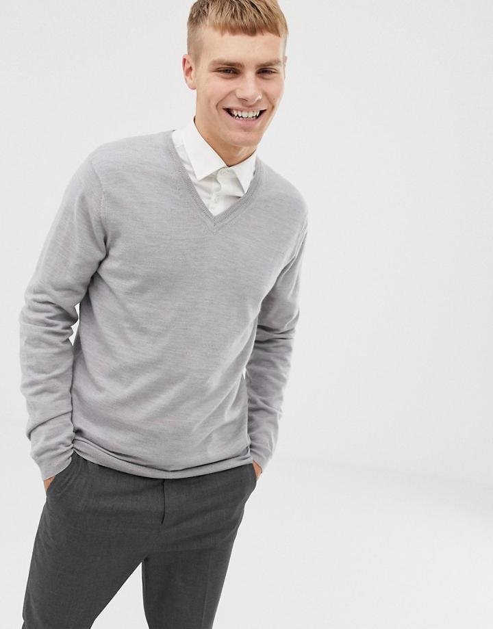 Asos Design Merino Wool V-neck Sweater In Pale Gray - Gray