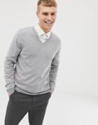 Asos Design Merino Wool V-neck Sweater In Pale Gray - Gray
