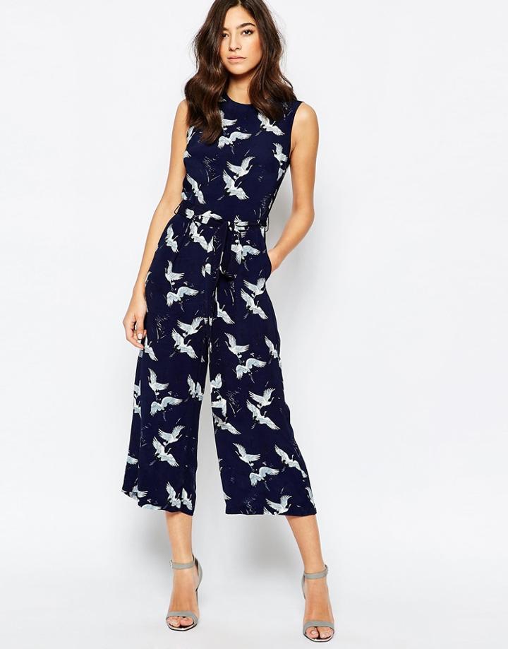 Warehouse Bird Print Cullote Jumpsuit - Blue Print