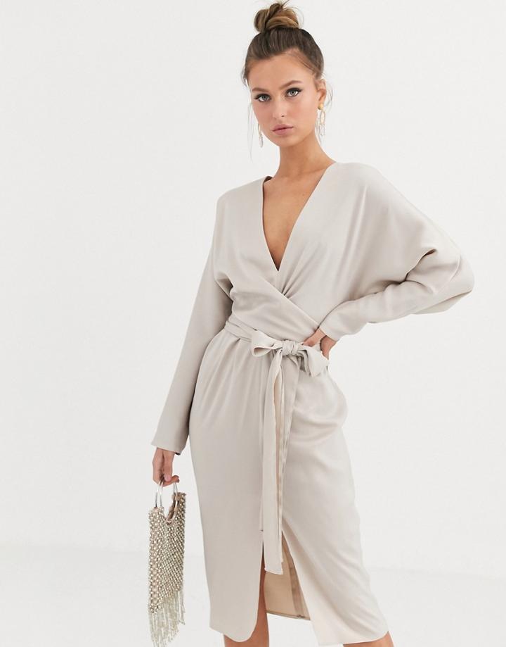 Asos Design Midi Dress With Batwing Sleeve And Wrap Waist In Satin