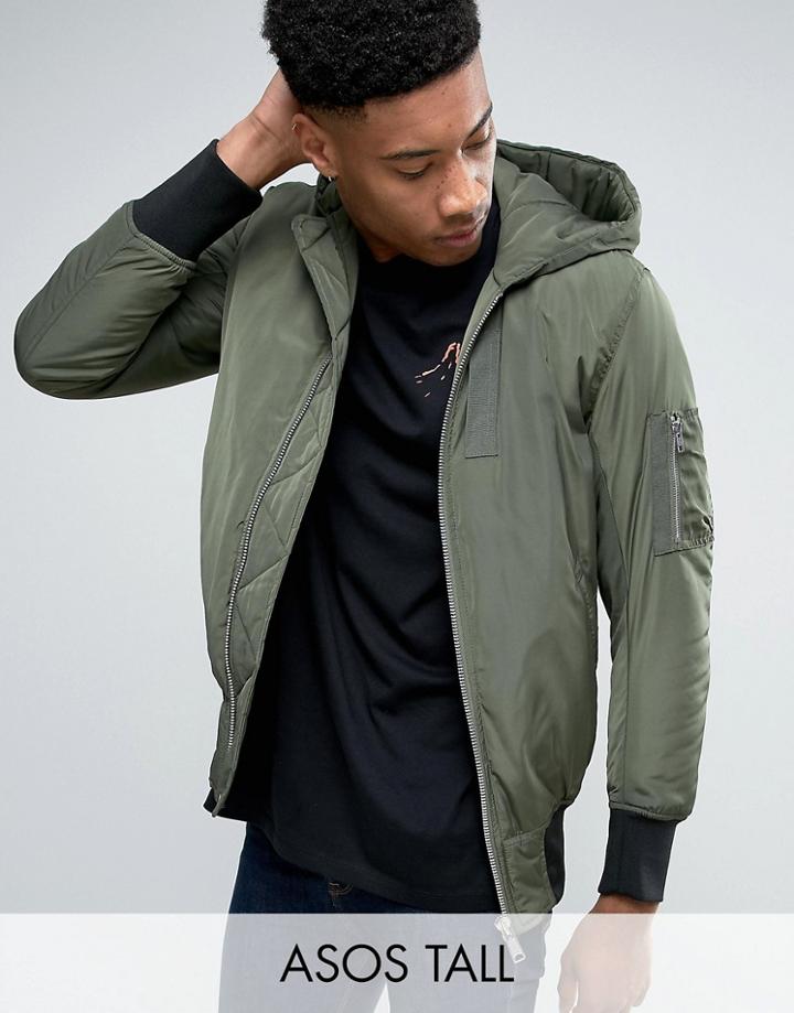 Asos Tall Hooded Bomber Jacket With Ma1 Pocket In Khaki - Green