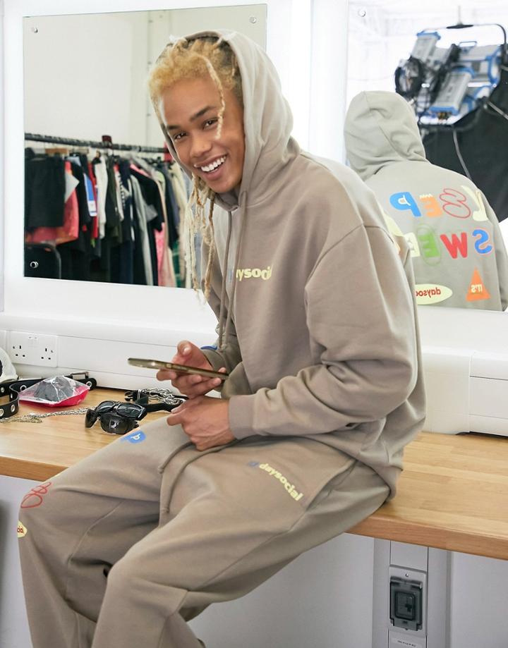 Asos Daysocial Oversized Hoodie With Back Graphic And Logo Print In Brown - Part Of A Set