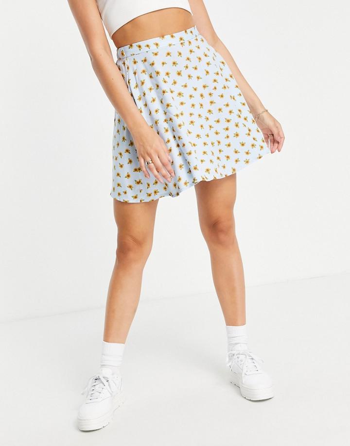 Monki Malina Viscose Mini Skater Skirt In Blue Sunflower-blues