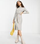 River Island Petite Tie Waist Knit Midi Dress In Gray Heather