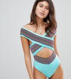 River Island Swimsuit With Bardot Wrap Front And Stitch Detail In Blue - Blue