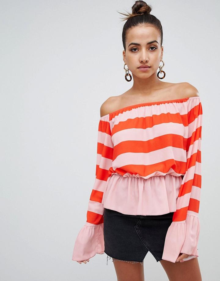 Prettylittlething Flare Bardot Sleeve Top In Stripe - Multi