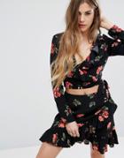 Nobody's Child Cropped Ruffle Top In Rose Print Co-ord - Black