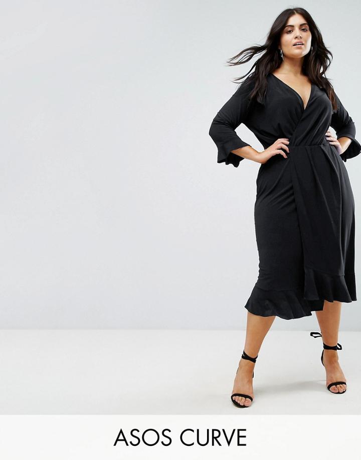 Asos Curve Wrap Front Midi Dress With Frill Detail - Navy