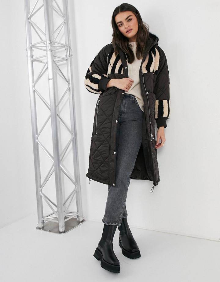 Urbancode Longline Padded Parka With Leopard Faux Fur Panels-black