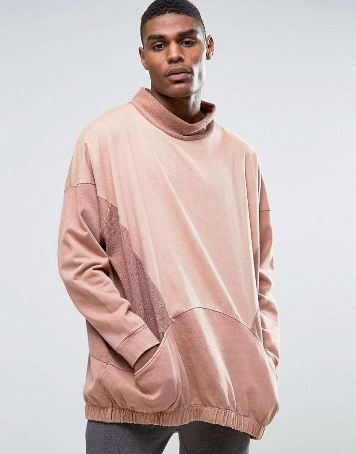 Asos Oversized Longline Funnel Neck Sweatshirt With Cut & Sew & Woven Pocket - Beige