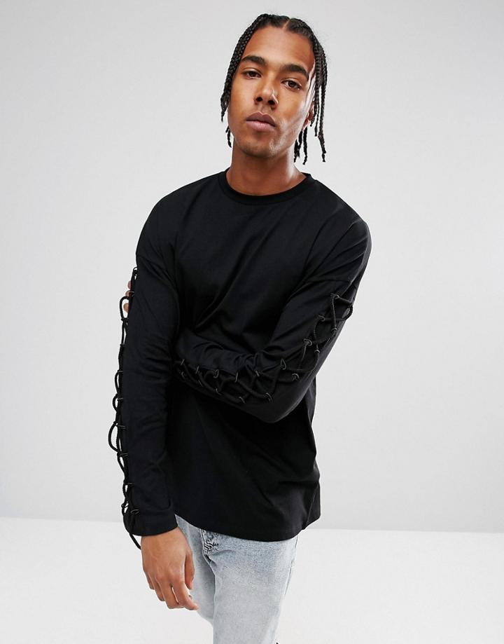 Asos Oversized Long Sleeve T-shirt With Lace Up Sleeves In Black - Black