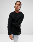 Asos Oversized Long Sleeve T-shirt With Lace Up Sleeves In Black - Black