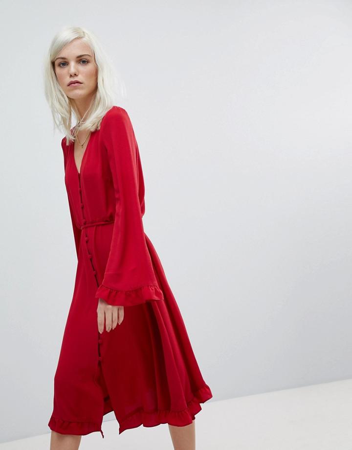 Asos V Neck Button Through Midi Swing Dress - Red
