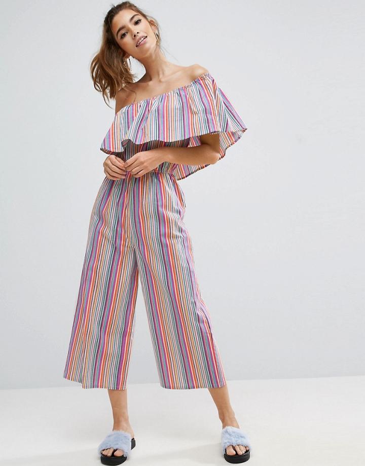 Asos One Shoulder Jumpsuit In Multi Stripe - Multi