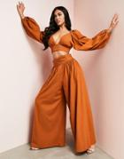 Asos Design Linen Look Wide Leg Pant In Chocolate-brown