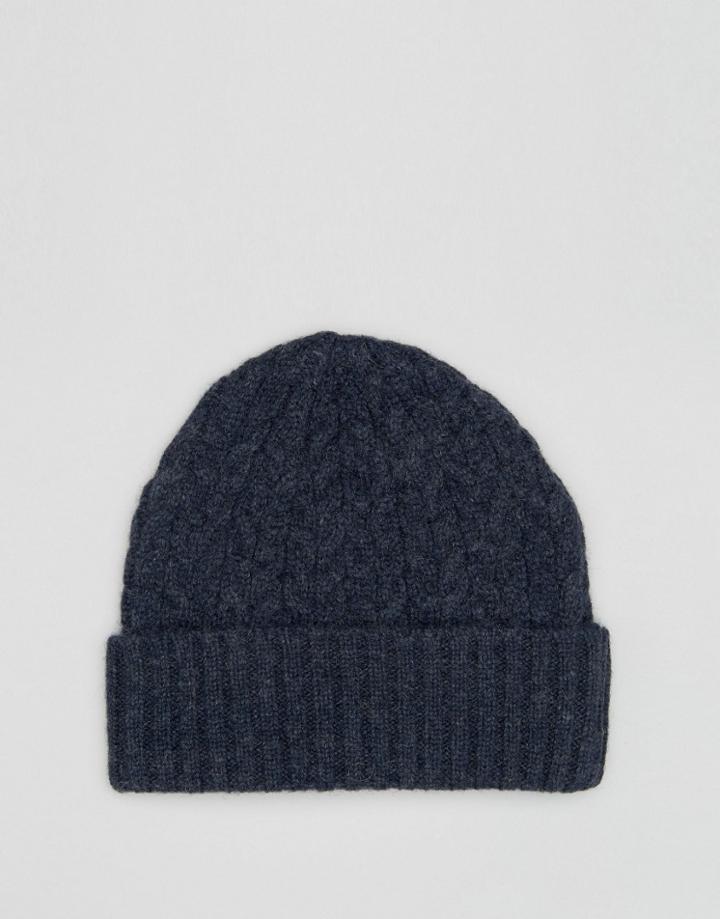Asos Lambswool Blend Cable Fisherman Beanie In Denim - Blue