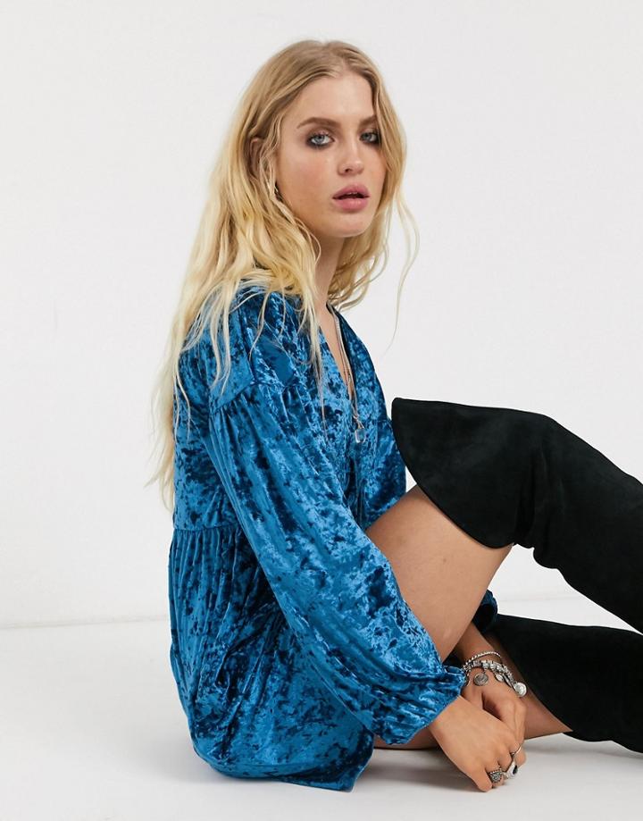 Asos Design Long Sleeve Velvet Smock Dress-blue