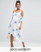 Asos Maternity Cold Shoulder Embroidered Midi Dress With Dip Back Hem - White