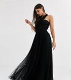 Asos Design Tall One Shoulder Tulle Wired Hem Maxi Dress-black