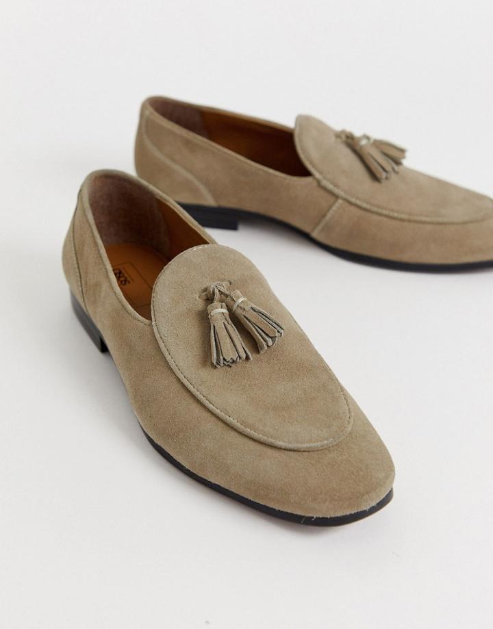 Asos Design Loafers In Stone Suede With Tassels And Black Sole
