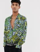 Asos Design Regular Fit Snake Skin Shirt In Neon Green - Green