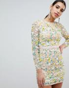 Asos Design Long Sleeve 3d Floral Embellished Mini Dress - Multi