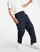 Asos Design Wide Leg Pants With Pleats In Navy Pin Stripe